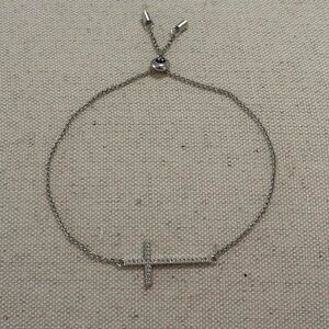 925 Sterling Silver Bedazzled CZ Cross Faux Diamond Adjustable Chain Bracelet